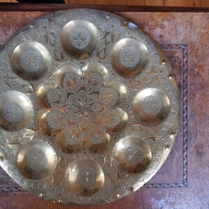 Antique Moroccan Copper Brass Tray Natural Patina 14&quot;, Hand Engraved Copper Tray | Solid Brass Tray Moorish arabesque design Handmade Brass