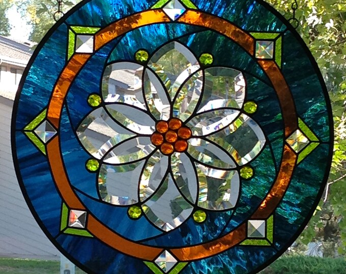 Round Stained Glass Window Panel With Flower Bevel Etsy