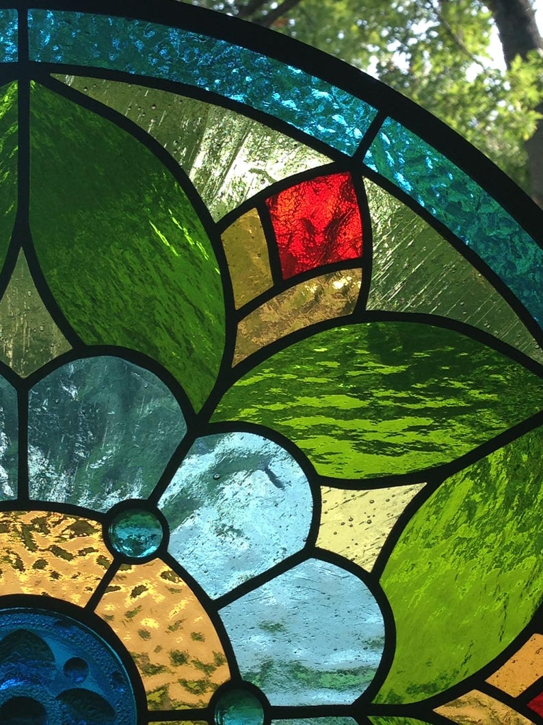 Round Stained Glass Window Panel...Flower Power... Etsy
