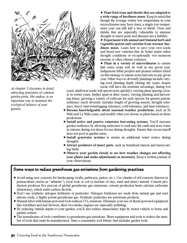 May include: A black and white illustration of a snake in a garden setting. The text "As chapter 5 discusses in detail, attracting predators of common garden pests, like snakes, is an important way to maintain the ecological balance of your garden." is included in the image.
