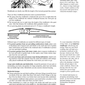 May include: A black and white illustration showing how to create windbreaks to protect gardens from strong winds. The illustration shows a mountain range with wind patterns and a diagram of a windbreak with three zones: windward protection, windbreak height, and leeward protection. The text explains how to plant trees and shrubs to create a windbreak and how to choose the right plants for different wind directions.