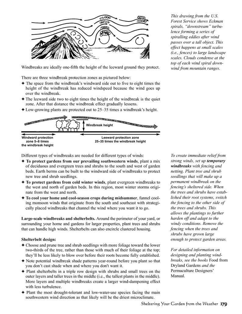 May include: A black and white illustration showing how to create windbreaks to protect gardens from strong winds. The illustration shows a mountain range with wind patterns and a diagram of a windbreak with three zones: windward protection, windbreak height, and leeward protection. The text explains how to plant trees and shrubs to create a windbreak and how to choose the right plants for different wind directions.