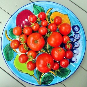 May include: A colorful ceramic plate with a floral design features a variety of red tomatoes. The tomatoes are arranged in a circular pattern on the plate, with some overlapping.