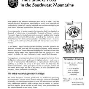 May include: A page from a book titled "The Future of Food in the Southwest Mountains." The page discusses the importance of local food systems and the end of industrial agriculture. The text includes the phrase "Permaculture Principles" and a list of principles, including "Use small and slow solutions" and "Care of the Earth, Care of People, Share the Surplus." The page also includes a quote from Richard Heinberg, author and activist, that reads "What will we eat when the oil runs out?"
