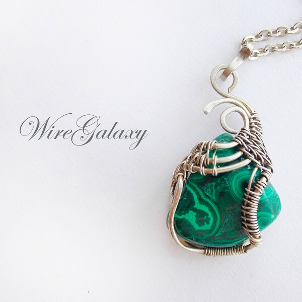 Malachite Pendant Gemstone necklace Wire wrapped pendant  Boho jewelry Green stone necklace Gift for her Protection amulet