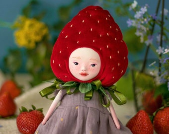 Cute strawberry art doll - whimsical handmade plushie and desk friend