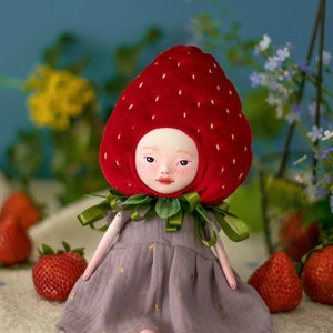 Cute strawberry art doll - whimsical handmade plushie and desk friend
