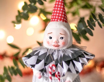 Christmas Harlequin ornament - jester decoration for Christmas, checkered Christmas tree ornament, Pierrot inspired art doll