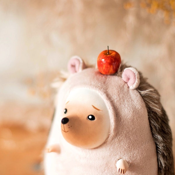 Plush hedgehog art doll with a miniature apple - hedgehog lover gift