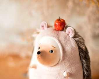 Plush hedgehog art doll with a miniature apple - hedgehog lover gift