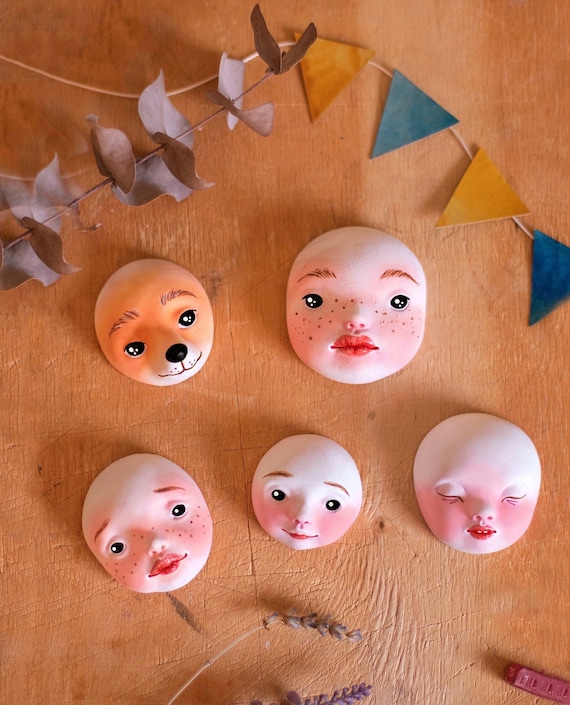 Assorted Flat Doll Faces for Plush Dolls | 5 Different Handmade Plaster Doll Heads | Art Doll Supplies, Assemblage Craft