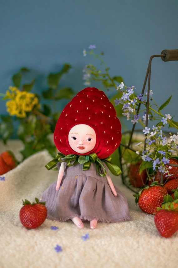 Strawberry Art Doll – Handmade Whimsical Plushie, Desk  display picture 1