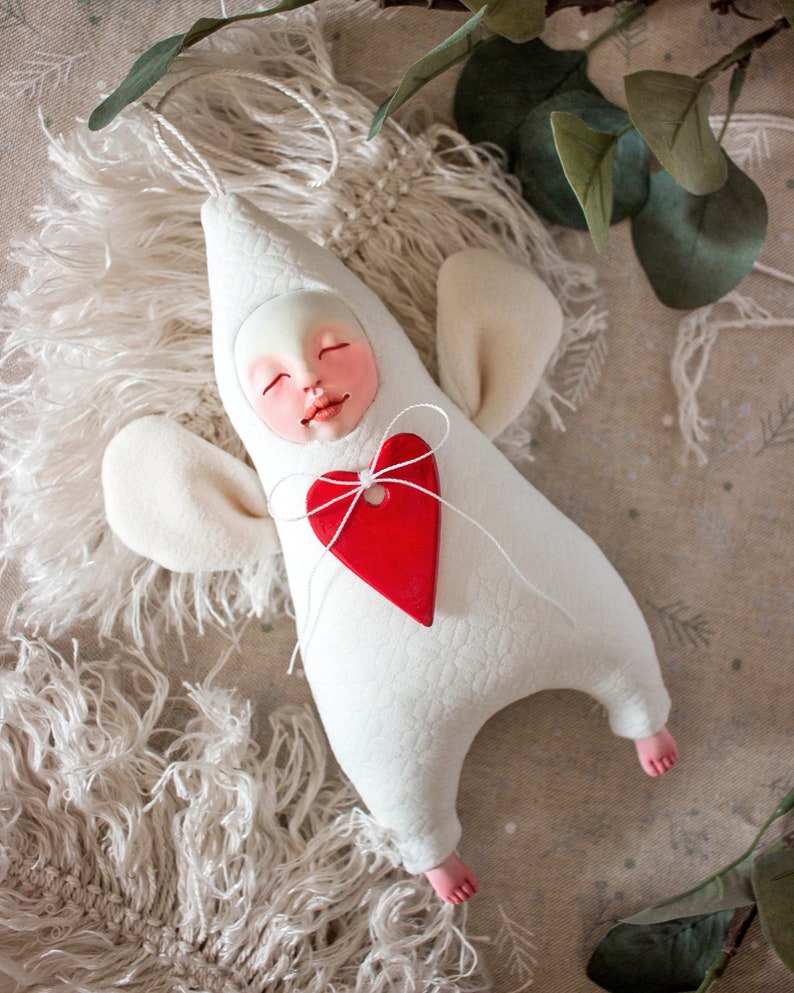 Baby angel figurine with a heart ornament guardian angel, art doll, plush angel, hanging angel, holiday decor image 5