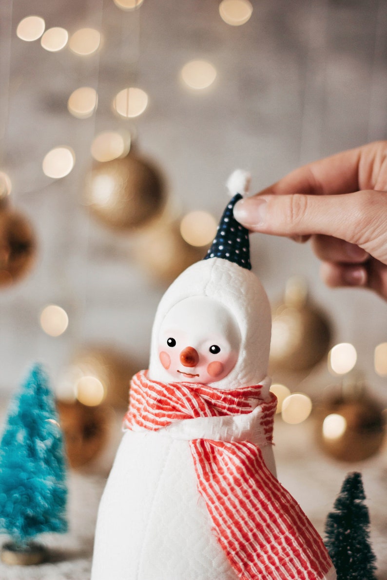 Plush snowman figurine with a red scarf whimsical winter decoration image 4