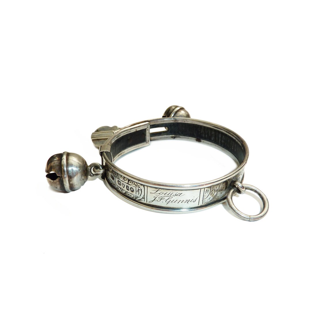 Image of Rare Small Victorian Silver Dog Or Cat Collar, With Two Bells & A Padlock