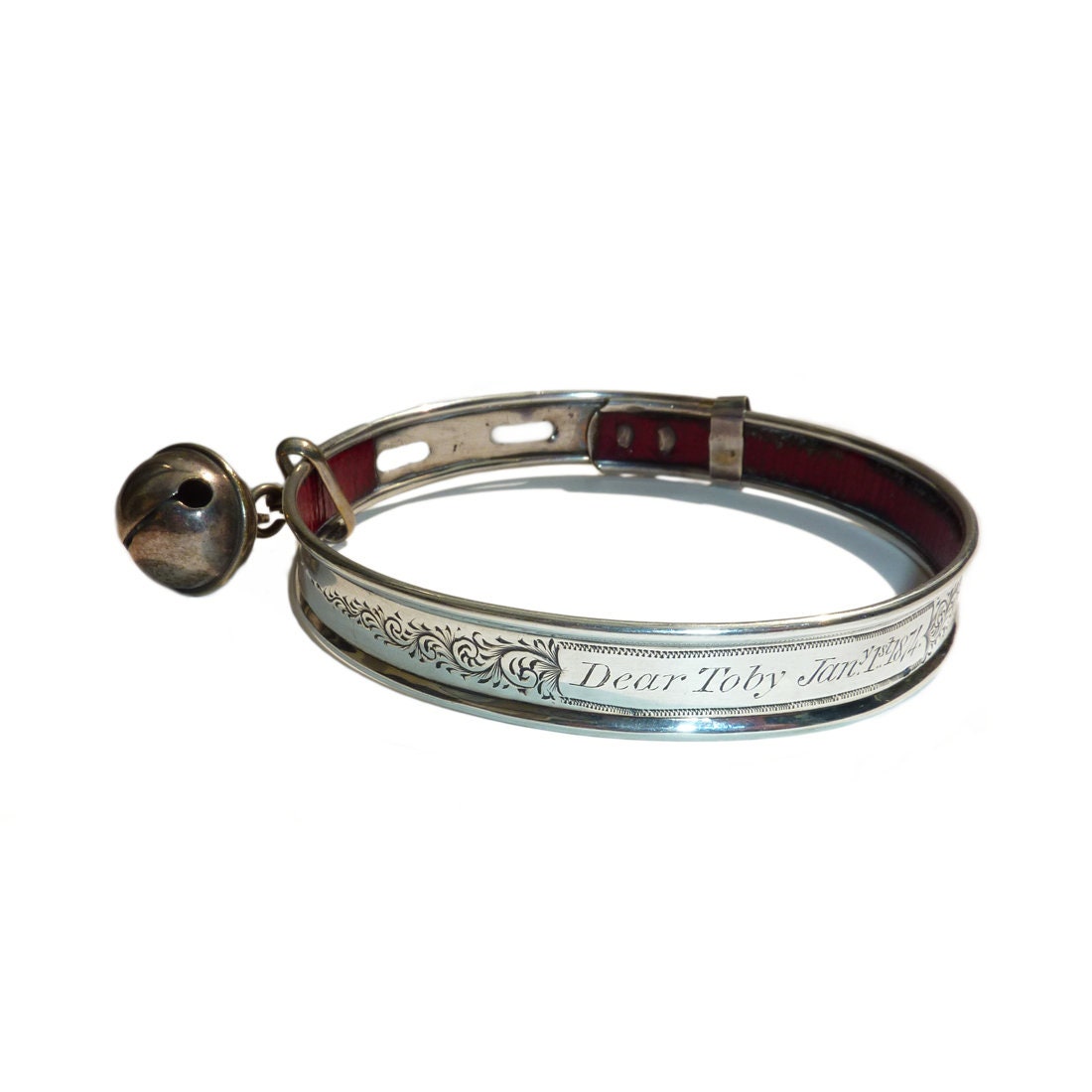 Image of Victorian White Metal Dog Collar "Dear Toby' With Bell 1874