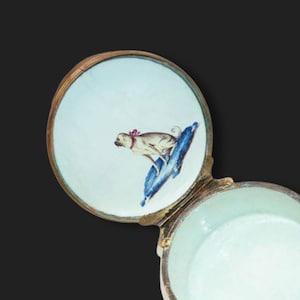 Georgian Enamel Patch Box Decorated With Forget Me Nots And Roses, A Flaming Heart, And A seated Pug, mops box