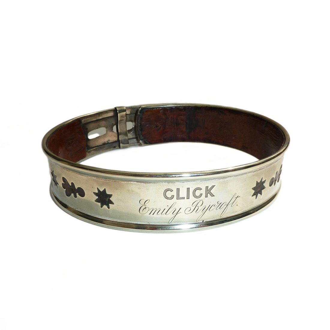 Image of Antique Silver Metal Dog Collar Engraved Click Emily Rycroft, Lined With Leather