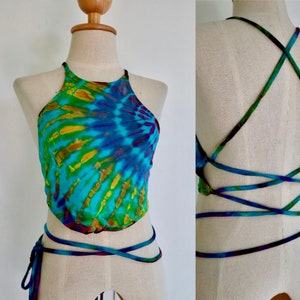 Top do jogi, Top Pixie z odkrytymi plecami i halterem • Top festiwalowy • Top w stylu boho • Top letni damski Top w stylu tie-dye, boho, Crop Tan