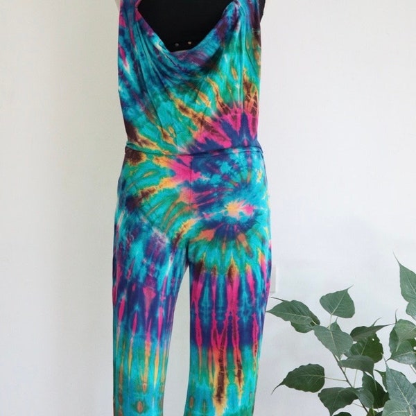 TIE DYE JUMPSUIT, Festival hippie Jumper, Hippie Jumpsuit, Handmade Tie dye, Tie dye Clothing, Spandex One Size Rayon Stretch Hooded, s-xl