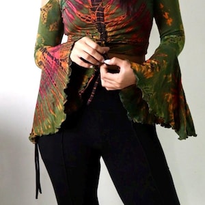 Open Back and Cold Shoulder Tie dye  crop hippie-boho with flare bell sleevesWrap Around Festival Clothing, Burning Man Top, Dance Wear