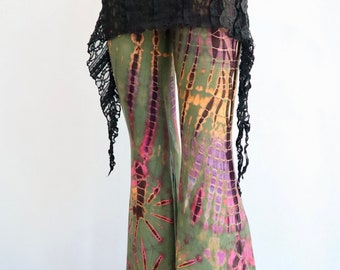 Wide Flare Tie Dye Bell Bottoms, Hot Yoga, Leggings acampanados, pantalones de encaje, ropa de baile, pantalones fluidos, ropa de festival Pixie, cinturón de falda