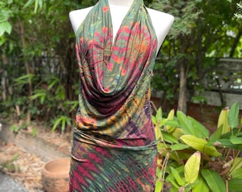 Vestido túnica con cuello halter y efecto teñido anudado, estilo bohemio para resorts, tallas XS-L