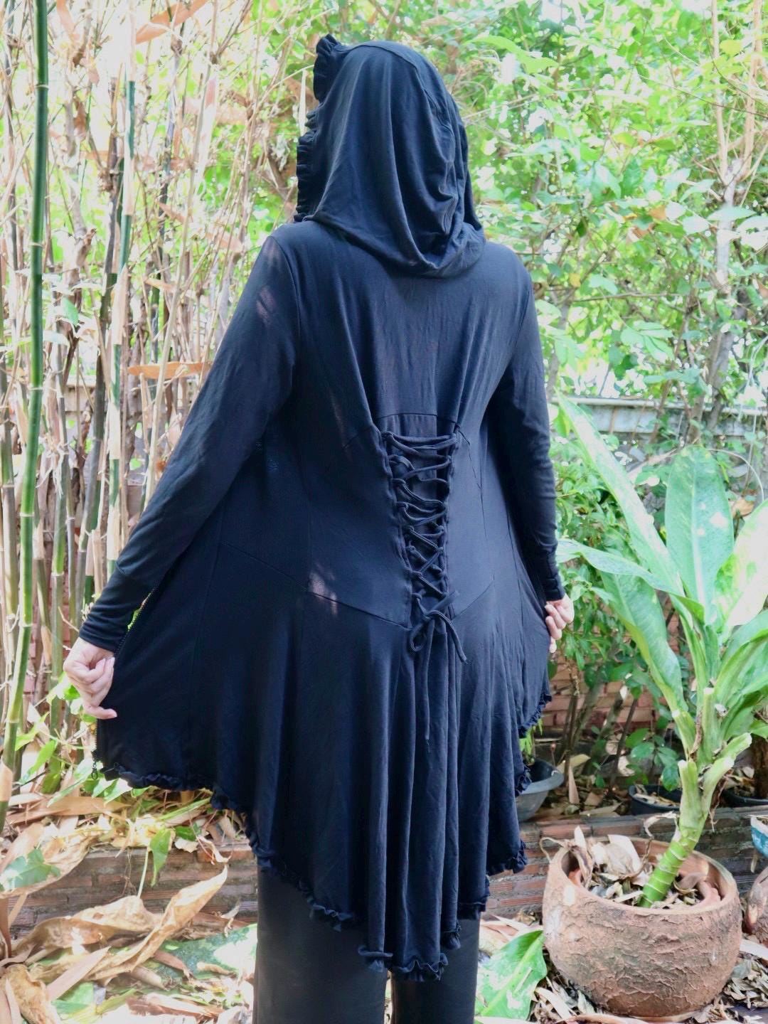 Black Hooded Gothic Cardigan - Ruffle Hem Zip up Jacket - Etsy