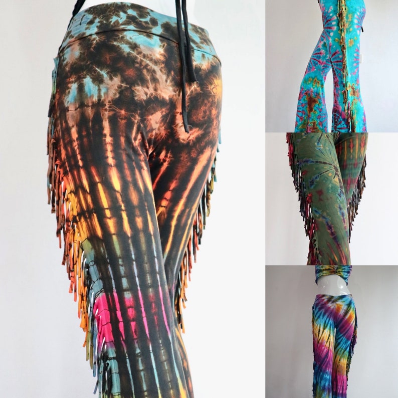May include: A pair of colorful tie-dye bell bottom pants with fringe trim. The pants are made of a soft, stretchy fabric and have a comfortable fit.