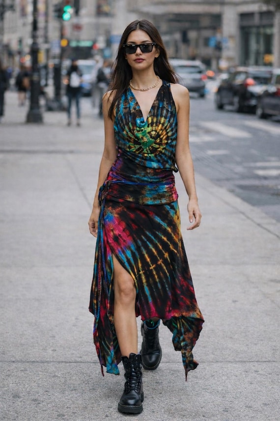 navy blue dress for baby girl Tie Dye Ruched Asymmetrical Hem Tube Dress, Orange / Xs main image 0