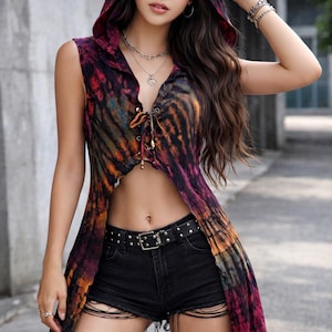 Tie Dye Hoodie Vest, Victorian Collar, Rayon Spandex