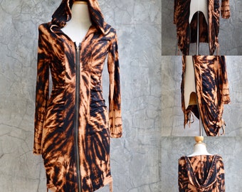 Tie Dye Hooded Dress, Festival Dress, Hippie dressCyberpunk Hoodie, Comfy Jacket, , Zipper Hooded Jacket, Plus Size Clothes,