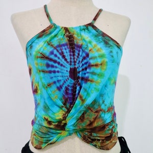 Twist Knot Tie Dye Crop Top, sznurowany z tyłu crop top, top bez rękawów, top pixie, top letni, bawełna, kamizelka damska, top plażowy, rozmiar uniwersalny S-XL Spandex
