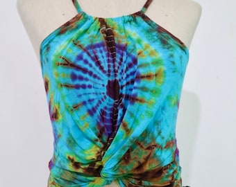 Tie Dye Twist Knot Crop Top, Schnürrücken, Viskose Spandex