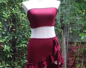 Asymmetrical Ruffle High Low Skirt, Jersey Rayon Spandex Blend