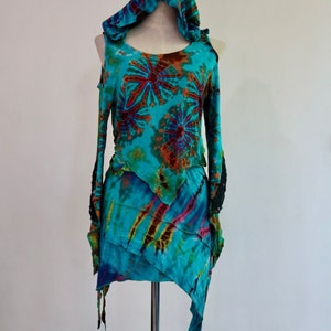 Tie-dye Mint PIXIE TOP, slashed psy pixie top, psy trance top, pixie hood top, psytrance clothing,  off the shoulder top
