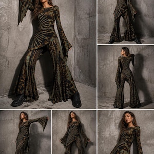 May include: A tie-dye patterned outfit with a long-sleeved top and flared trousers. The colour scheme includes shades of brown, black, and green. The top has an asymmetrical design. The outfit is paired with black boots.