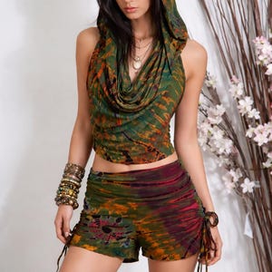 Haut à capuche Pixie rayonne et élasthanne tie-dye, tunique dos nu