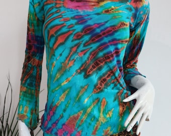 Tie dye Long sleeve Rayon Spandex top / layer/ Curved tight fit /Fairy Grunge Top y2k Vintage Aesthetic