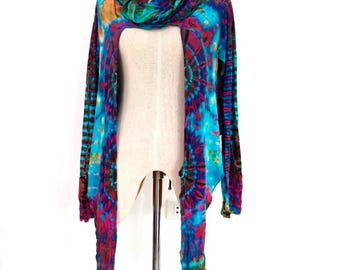 Boho Tie Dye Yoga Shrug – Tribal Hoodie – EDM Festival Clothing – Hippie Wrap – Handmade Burning Man Shrug – Tie Dye Hooded Festival Top
