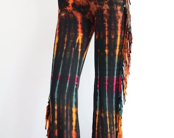 Tie Dye Fringed Bell Bottoms, Bamboo Spandex Flared Pants