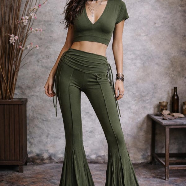 Pantalones de yoga acampanados con efecto tie-dye, hechos a mano, de cintura alta