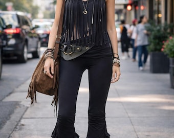 Ruffle Rayon Spandex Yoga Pants, Steampunk Frilly Trousers