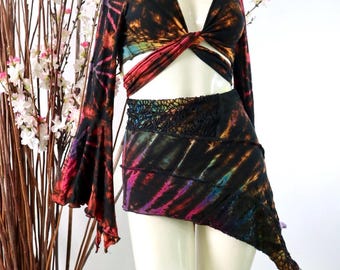 Tie Dye Asymmetric Pixie Skirt, Festival Wrap Rayon Blend