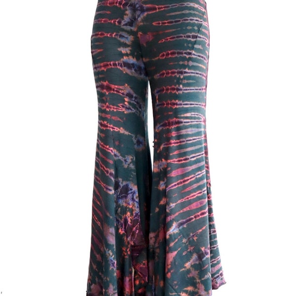 Wide Flare Tie Dye Green Bell Bottoms •  Flared Trousers • Flared Hot Yoga Leggings Flared Yoga Pants • Hippy Festival Clothing Burning Man