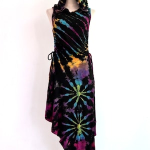 Summer Tie Dye Hooded Dress, Elven Dress, Goa Dress Women, Pixie Dress, Fairy Dress, Asymmetrical Dress,  Festival Clothing D2317 Rainbow
