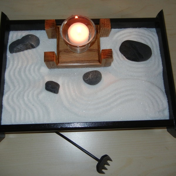 Desk or Table Top Zen Garden with Solid Oak Candle Stand - DIY Kit