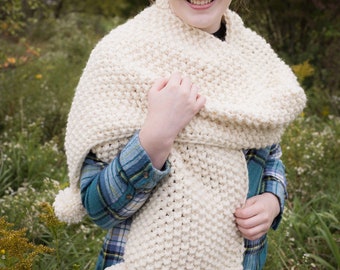 KNITTING PATTERN Chunky Knit Scarf - Giant Scarf - Open Ended Pom Pom Scarf - Chunky Scarf - Extra Wide Knit Scarf - Beginners Pattern