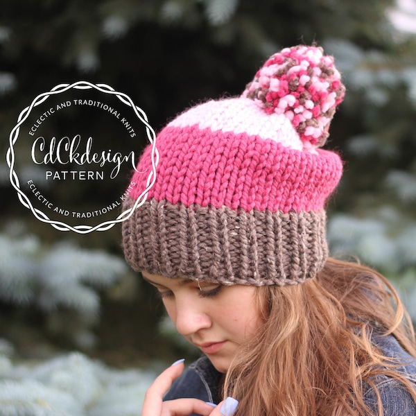 Knitting Pattern / Chunky Knit Hat / Ribbed Knit Toque Beanie Hat / Pompom Hat / Ombre Striped Chunky Hat