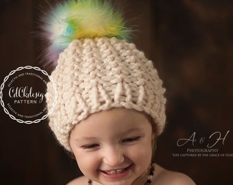 Knitting Pattern / Chunky Childrens Knit Hat / Kids Textured Knit Hat Pattern / Ribbed Knit Toque Beanie Hat / Pompom Hat Pattern Kids